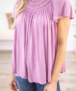 ALLIE ROSE Orchid Pleat Detail Flutter Sleeve Top Tops