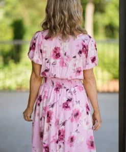 White Birch Dresses Baby Pink Floral Print Smocked Waist Dress