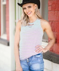 Doe & Rae White And Black Stripe Tank With Cutouts Tops