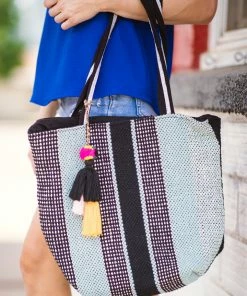 Magid Handbags Accessories Black And Mint Woven Tote Bag With Tassel