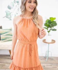 Vanilla Bay Dresses Salmon Elastic Waist Halter Neck Dress