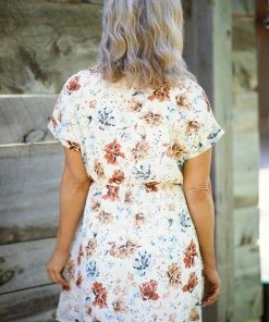 Supreme Fashion White And Rust Floral Print Short Sleeve Dress SHORT SLEEVES