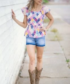 Andree By Unit Dusty Blue Floral Smocked Patchwork Print Top SHORT SLEEVES