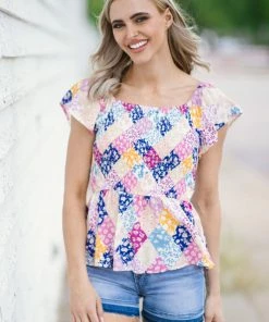 Andree By Unit Dusty Blue Floral Smocked Patchwork Print Top SHORT SLEEVES