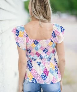 Andree By Unit Dusty Blue Floral Smocked Patchwork Print Top SHORT SLEEVES