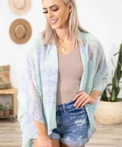 Very J Mint And Cornflower Aztec Print Kimono