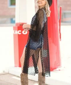 Sugarfox Tops Black Textured Long Kimono