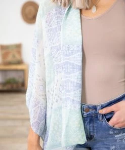 Very J Mint And Cornflower Aztec Print Kimono