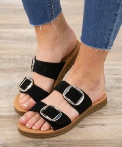 Fortune Dynamic Black Double Strap Sandals With Silver Buckle Shoes