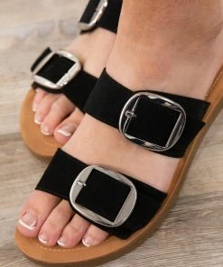 Fortune Dynamic Black Double Strap Sandals With Silver Buckle Shoes