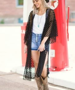 Sugarfox Tops Black Textured Long Kimono