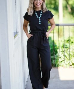2 Hearts Inc Dresses Black Tie Waist Short Sleeve Jumpsuit