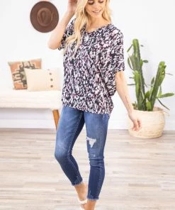 BE Stage Black And Pink Animal Print Dolman Sleeve Tops
