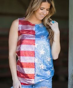 BIBI Tops Blue And Red Flag Print Sequin Front Tank