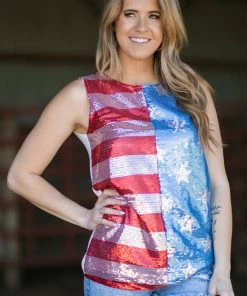 BIBI Tops Blue And Red Flag Print Sequin Front Tank