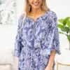 Blue B Dusty Blue Paisley Print Off Shoulder Romper