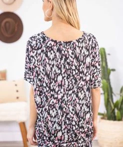 BE Stage Black And Pink Animal Print Dolman Sleeve Tops