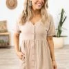 Very J Dresses Tan Button Front Roll Sleeve Dress
