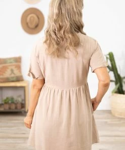 Very J Dresses Tan Button Front Roll Sleeve Dress