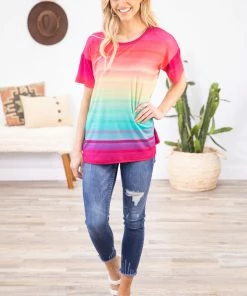 Crazy Train Hot Pink Multicolor Ombre Top Tops
