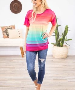 Crazy Train Hot Pink Multicolor Ombre Top Tops