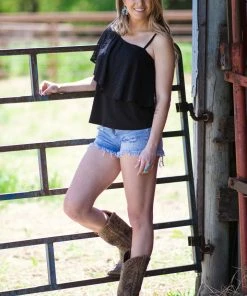 Shewin Tops Black Swiss Dot One Flutter Sleeve Tank