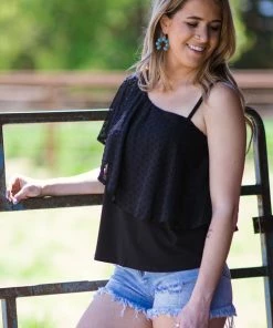 Shewin Tops Black Swiss Dot One Flutter Sleeve Tank