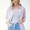 White Birch Baby Pink Raw Hem Plaid Button Up Top