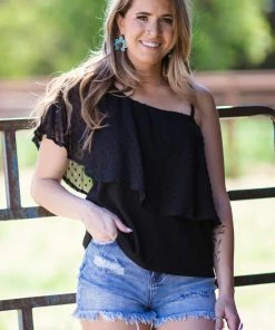 Shewin Tops Black Swiss Dot One Flutter Sleeve Tank