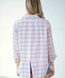 White Birch Baby Pink Raw Hem Plaid Button Up Top