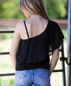 Shewin Tops Black Swiss Dot One Flutter Sleeve Tank