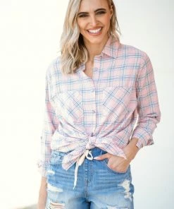 White Birch Baby Pink Raw Hem Plaid Button Up Top