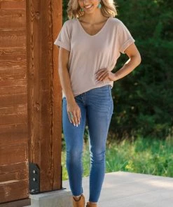 Summer 10 Oatmeal V-Neck Top With Cuffed Short Sleeve Tops