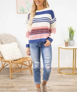 Shewin Cobalt And Blush Stripe Lightweight Sweater SWEATERS