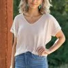 Summer 10 Oatmeal V-Neck Top With Cuffed Short Sleeve Tops