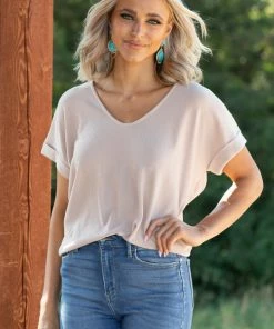Summer 10 Oatmeal V-Neck Top With Cuffed Short Sleeve Tops