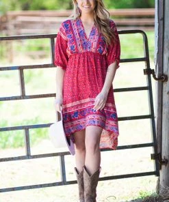 Shewin Red Multicolor Border Boho Print Dress
