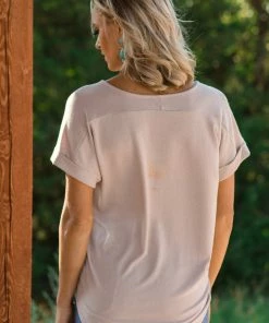 Summer 10 Oatmeal V-Neck Top With Cuffed Short Sleeve Tops