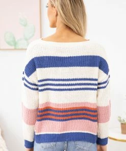 Shewin Cobalt And Blush Stripe Lightweight Sweater SWEATERS