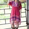 Shewin Red Multicolor Border Boho Print Dress