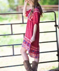 Shewin Red Multicolor Border Boho Print Dress