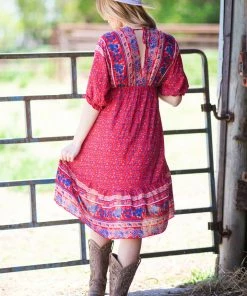 Shewin Red Multicolor Border Boho Print Dress