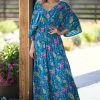 EL Kanna Turquoise And Hot Pink Floral Print Maxi Dress SHORT SLEEVES
