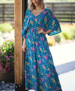 EL Kanna Turquoise And Hot Pink Floral Print Maxi Dress SHORT SLEEVES