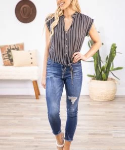 Chocolate USA Tops Black And Ivory Stripe Tie Front Button Up Top