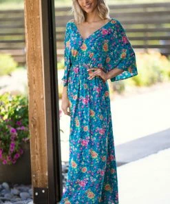 EL Kanna Turquoise And Hot Pink Floral Print Maxi Dress SHORT SLEEVES