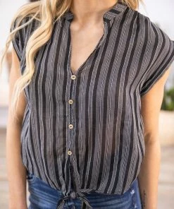 Chocolate USA Tops Black And Ivory Stripe Tie Front Button Up Top