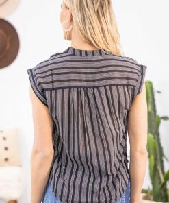 Chocolate USA Tops Black And Ivory Stripe Tie Front Button Up Top