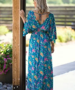 EL Kanna Turquoise And Hot Pink Floral Print Maxi Dress SHORT SLEEVES