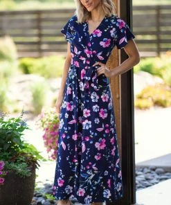 Staccato Navy And Pink Floral Surplice Front Maxi Dress Dresses